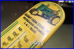 RARE 1950s JOHN DEERE GMC ROCHELLE ILL EMBOSSED METAL THERMOMETER SIGN TRACTOR