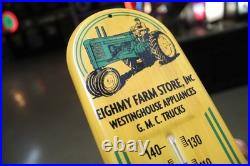 RARE 1950s JOHN DEERE GMC ROCHELLE ILL EMBOSSED METAL THERMOMETER SIGN TRACTOR