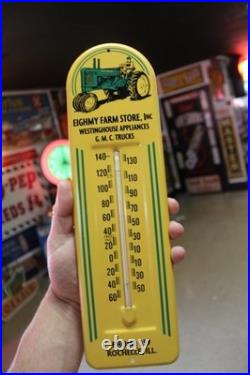 RARE 1950s JOHN DEERE GMC TRUCKS ROCHELLE IL. METAL THERMOMETER SIGN TRACTOR
