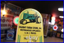 RARE 1950s JOHN DEERE GMC TRUCKS ROCHELLE IL. METAL THERMOMETER SIGN TRACTOR