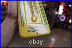 RARE 1950s JOHN DEERE GMC TRUCKS ROCHELLE IL. METAL THERMOMETER SIGN TRACTOR