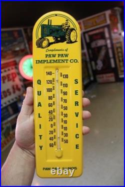 RARE 1950s JOHN DEERE PAW PAW ILLINOIS STAMPED METAL THERMOMETER SIGN TRACTOR