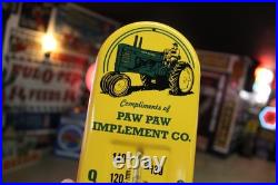 RARE 1950s JOHN DEERE PAW PAW ILLINOIS STAMPED METAL THERMOMETER SIGN TRACTOR