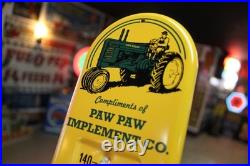 RARE 1950s JOHN DEERE PAW PAW ILLINOIS STAMPED METAL THERMOMETER SIGN TRACTOR