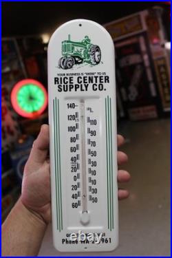 RARE 1950s JOHN DEERE RICE CENTER STAMPED DEALER METAL THERMOMETER SIGN TRACTOR