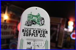 RARE 1950s JOHN DEERE RICE CENTER STAMPED DEALER METAL THERMOMETER SIGN TRACTOR