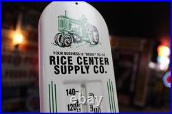 RARE 1950s JOHN DEERE RICE CENTER STAMPED DEALER METAL THERMOMETER SIGN TRACTOR