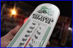 RARE 1950s JOHN DEERE RICE CENTER STAMPED DEALER METAL THERMOMETER SIGN TRACTOR