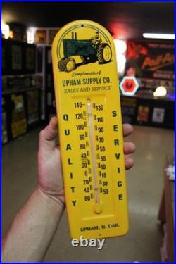 RARE 1950s JOHN DEERE UPHAM DAKOTA STAMPED METAL THERMOMETER SIGN TRACTOR