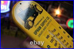 RARE 1950s JOHN DEERE UPHAM DAKOTA STAMPED METAL THERMOMETER SIGN TRACTOR