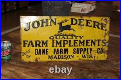 SCARCE 1930s JOHN DEERE DANE MADISON WISCONSIN EMBOSSED PAINTED TIN TACKER SIGN