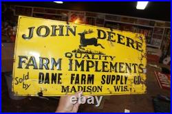 SCARCE 1930s JOHN DEERE DANE MADISON WISCONSIN EMBOSSED PAINTED TIN TACKER SIGN