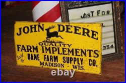 SCARCE 1930s JOHN DEERE DANE MADISON WISCONSIN EMBOSSED PAINTED TIN TACKER SIGN