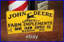SCARCE 1930s JOHN DEERE DANE MADISON WISCONSIN EMBOSSED PAINTED TIN TACKER SIGN
