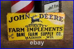 SCARCE 1930s JOHN DEERE DANE MADISON WISCONSIN EMBOSSED PAINTED TIN TACKER SIGN