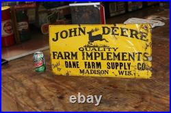 SCARCE 1930s JOHN DEERE DANE MADISON WISCONSIN EMBOSSED PAINTED TIN TACKER SIGN