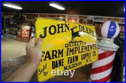 SCARCE 1930s JOHN DEERE DANE MADISON WISCONSIN EMBOSSED PAINTED TIN TACKER SIGN