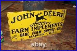 SCARCE 1930s JOHN DEERE DANE MADISON WISCONSIN EMBOSSED PAINTED TIN TACKER SIGN