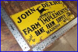 SCARCE 1930s JOHN DEERE DANE MADISON WISCONSIN EMBOSSED PAINTED TIN TACKER SIGN