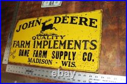 SCARCE 1930s JOHN DEERE DANE MADISON WISCONSIN EMBOSSED PAINTED TIN TACKER SIGN