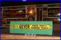 SCARCE 1950s GEYER FARM TOOLS 2-SIDED METAL DEALER DISPLAY SIGN ROCK FALLS ILL