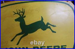 SCARCE 1950s JOHN DEERE 4-LEG PAINTED METAL DEALER SIGN FARM TRACTOR CORN BARN