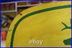 SCARCE 1950s JOHN DEERE 4-LEG PAINTED METAL DEALER SIGN FARM TRACTOR CORN BARN