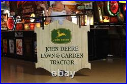 Scarce 1963 John Deere Law & Garden Tractor 2-sided Painted Metal Sign Bracket