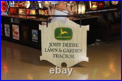 Scarce 1963 John Deere Law & Garden Tractor 2-sided Painted Metal Sign Bracket
