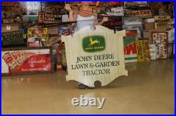 Scarce 1963 John Deere Law & Garden Tractor 2-sided Painted Metal Sign Bracket