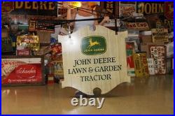 Scarce 1963 John Deere Law & Garden Tractor 2-sided Painted Metal Sign Bracket