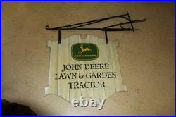 Scarce 1963 John Deere Law & Garden Tractor 2-sided Painted Metal Sign Bracket