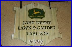 Scarce 1963 John Deere Law & Garden Tractor 2-sided Painted Metal Sign Bracket