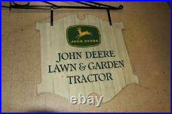 Scarce 1963 John Deere Law & Garden Tractor 2-sided Painted Metal Sign Bracket