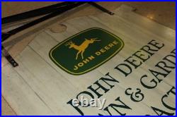 Scarce 1963 John Deere Law & Garden Tractor 2-sided Painted Metal Sign Bracket
