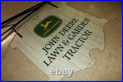 Scarce 1963 John Deere Law & Garden Tractor 2-sided Painted Metal Sign Bracket