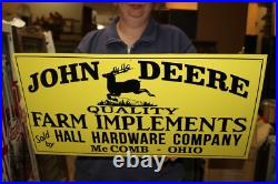 Scarce John Deere Quality Farm Implements Tractor Tin Tacker Embossed Sign NICE