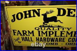 Scarce John Deere Quality Farm Implements Tractor Tin Tacker Embossed Sign NICE