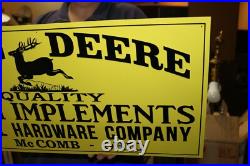 Scarce John Deere Quality Farm Implements Tractor Tin Tacker Embossed Sign NICE