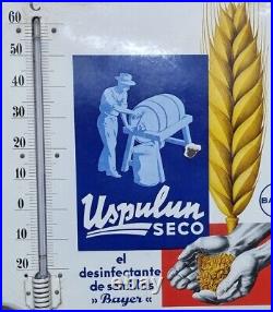 Uspulun Seco vtg argentine enamel porcelain sign thermometer BAYER farm wheat