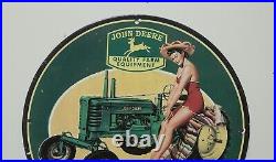 VINTAGE 1950s RARE JOHN DEERE TRACTORS PIN UP FARM GARAGE MANCAVE PORCELAIN SIGN