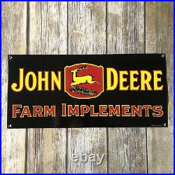 VINTAGE JOHN DEERE FARM IMPLEMENTS PORCELAIN METAL ENAMEL SHOP FARM SIGN 18x8
