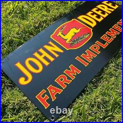 VINTAGE JOHN DEERE FARM IMPLEMENTS PORCELAIN METAL ENAMEL SHOP FARM SIGN 18x8
