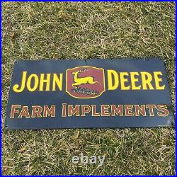 VINTAGE JOHN DEERE FARM IMPLEMENTS PORCELAIN METAL TRACTOR SHOP FARM SIGN 18x8
