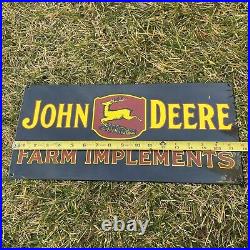 VINTAGE JOHN DEERE FARM IMPLEMENTS PORCELAIN METAL TRACTOR SHOP FARM SIGN 18x8