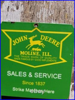 VINTAGE JOHN DEER SIGN OLD TIN TACKER FARM EQUIPMENT GAS TRACTOR DEALER BARN 6x4