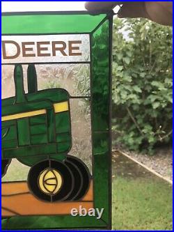 VINTAGE STYLE JOHN DEERE STAINED GLASS HAND CRAFTED CATAPILLER SIGN 14x12 INCH