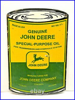 Vintage 11 x 7 1/2 Porcelain John Deere Oil Can Enamel Metal Tacker Sign