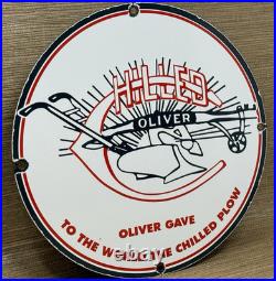 Vintage Chilled Oliver Plow Porcelain Sign Gas Oil Dealership Tractor Farm Deere