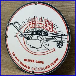 Vintage Chilled Oliver Plow Porcelain Sign Gas Oil Dealership Tractor Farm Deere